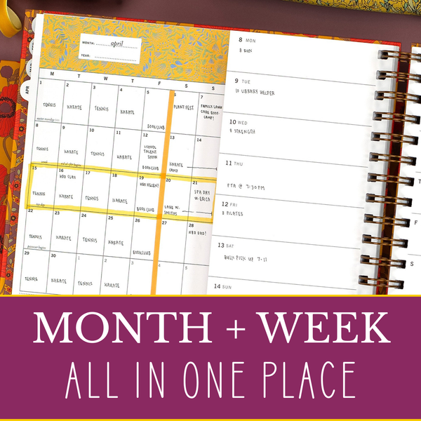 Laurel Denise planner showing month and week together on one spread with highlighted tasks and organized layout